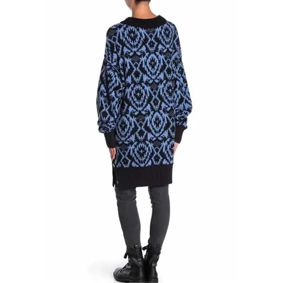 Free People Blue Black Winter Skies Print Tunic Dress Oversized Sweater Size M - Picture 4 of 13